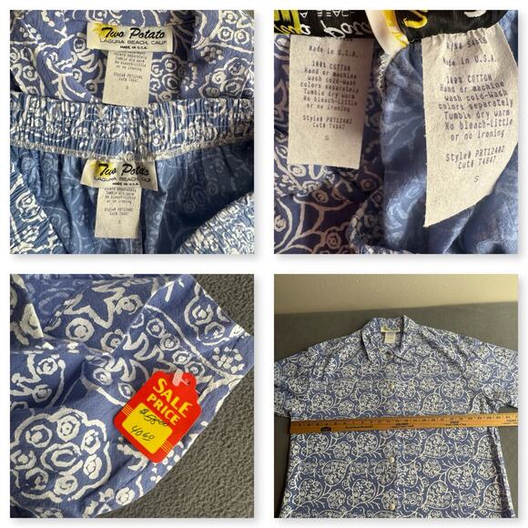 Vintage NOS 80s 90s Two Potato Resort Wear Button Down Shirt + Shorts Set S Blue - Picture 8 of 9